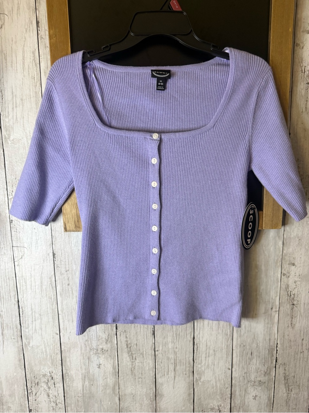 NWT Scoop purple 3/4 sleeve ribbed button up top Size M